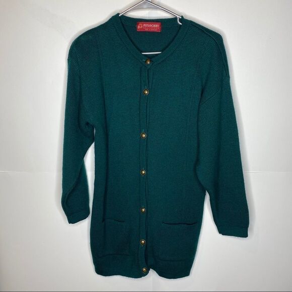 Vintage Pitlochry Scotland knit green long cardigan S duster wool blend luxe - Picture 1 of 7